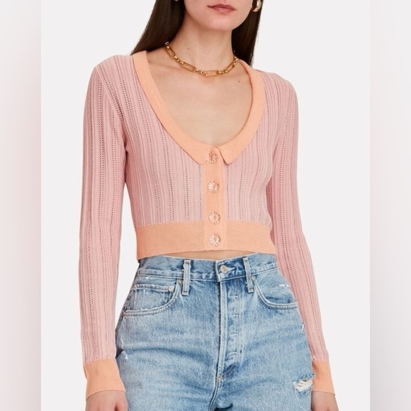For Love & Lemons Phoebe Cropped Pointelle Cardigan, Apricot, Size S - Picture 1 of 11